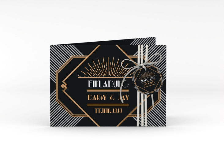 Hochzeitseinladung Gatsby A6 Klappkarte quer schwarz im 20er-Jahre-Stil
