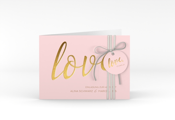 Hochzeitseinladung Glam A6 Klappkarte quer rosa hochglanz