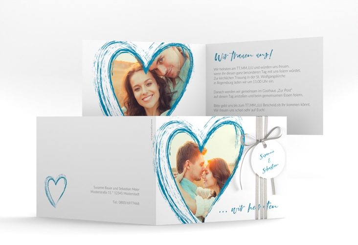 Hochzeitseinladung Liebe A6 Klappkarte quer tuerkis
