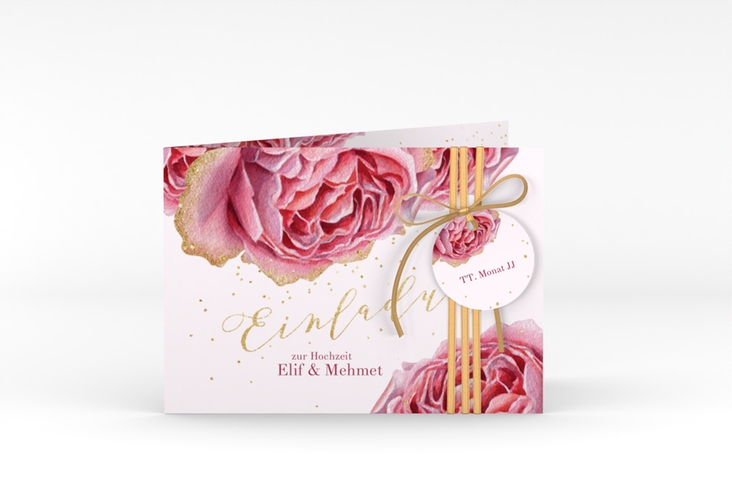 Hochzeitseinladung Cherie A6 Klappkarte quer rosa hochglanz