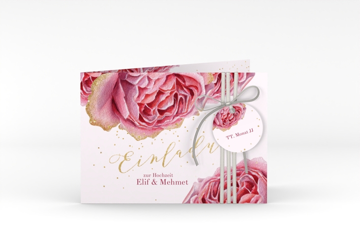 Hochzeitseinladung Cherie A6 Klappkarte quer rosa hochglanz