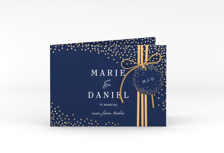 Hochzeitseinladung Glitter A6 Klappkarte quer blau hochglanz