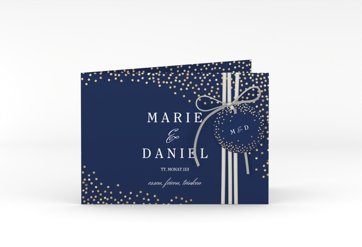 Hochzeitseinladung Glitter A6 Klappkarte quer blau hochglanz