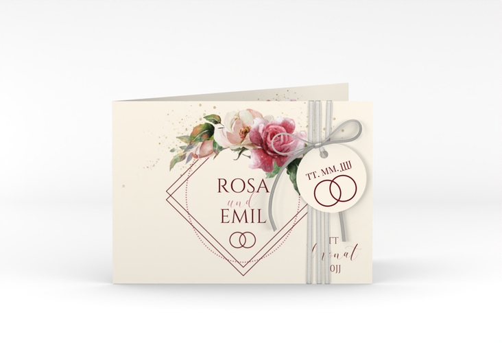 Hochzeitseinladung Rosenbogen A6 Klappkarte quer beige hochglanz
