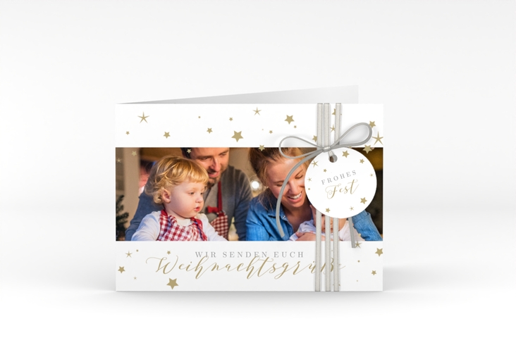 Weihnachtskarte Sternennacht A6 Klappkarte quer weiss mit Sternchen und Familienfoto