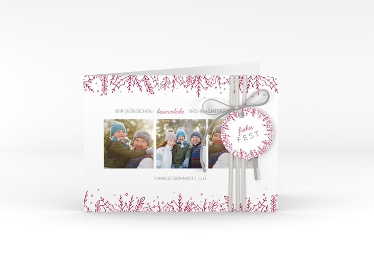 Weihnachtskarte Decor A6 Klappkarte quer hochglanz mit drei Fotos und Zweig-Dekor