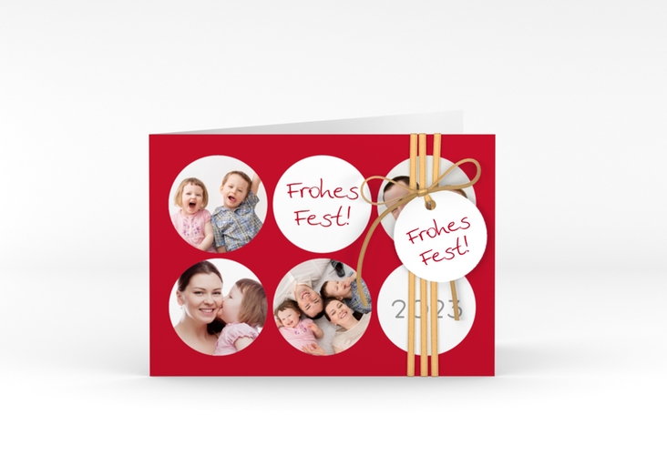 Weihnachtskarte Joy A6 Klappkarte quer rot hochglanz mit runden Fotos