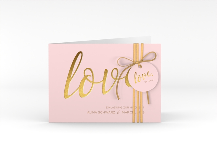 Hochzeitseinladung Glam A6 Klappkarte quer rosa hochglanz