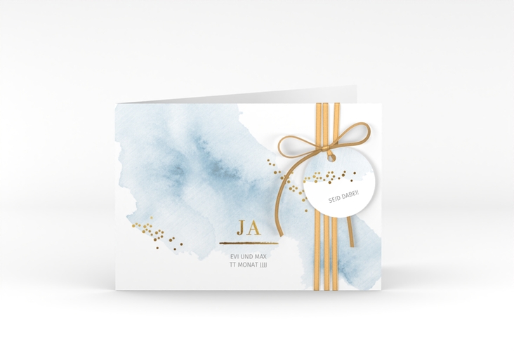 Hochzeitseinladung Pastell A6 Klappkarte quer blau hochglanz