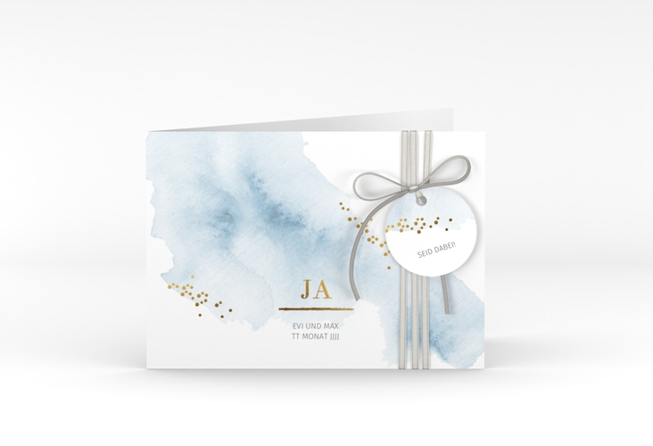 Hochzeitseinladung Pastell A6 Klappkarte quer blau hochglanz