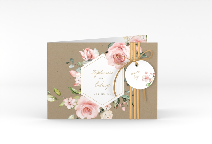 Einladung Hochzeit Graceful A6 Klappkarte quer mit Rosenblüten in Rosa und Weiß