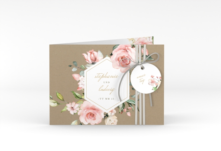 Einladung Hochzeit Graceful A6 Klappkarte quer mit Rosenblüten in Rosa und Weiß