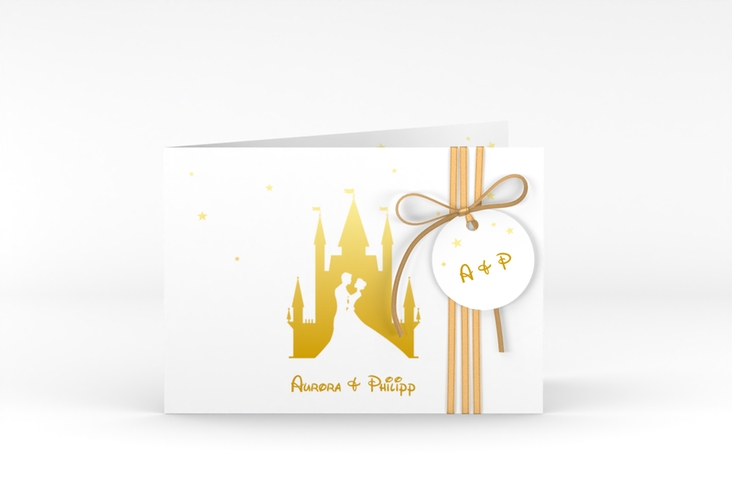 Hochzeitseinladung Castle A6 Klappkarte quer gold hochglanz