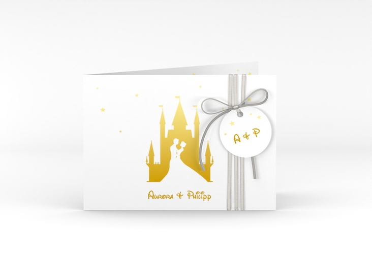 Hochzeitseinladung Castle A6 Klappkarte quer gold hochglanz
