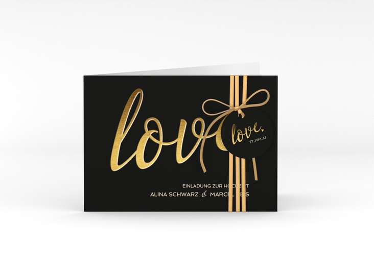 Hochzeitseinladung Glam A6 Klappkarte quer schwarz hochglanz
