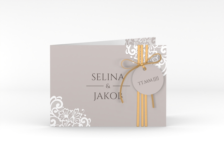 Hochzeitseinladung Vintage A6 Klappkarte quer grau mit floraler Spitze