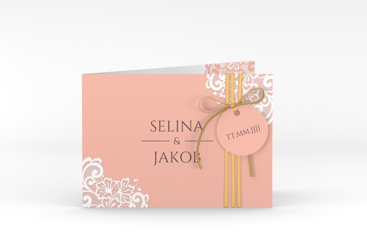 Hochzeitseinladung Vintage A6 Klappkarte quer apricot mit floraler Spitze