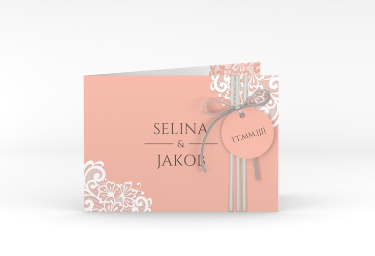 Hochzeitseinladung Vintage A6 Klappkarte quer apricot mit floraler Spitze