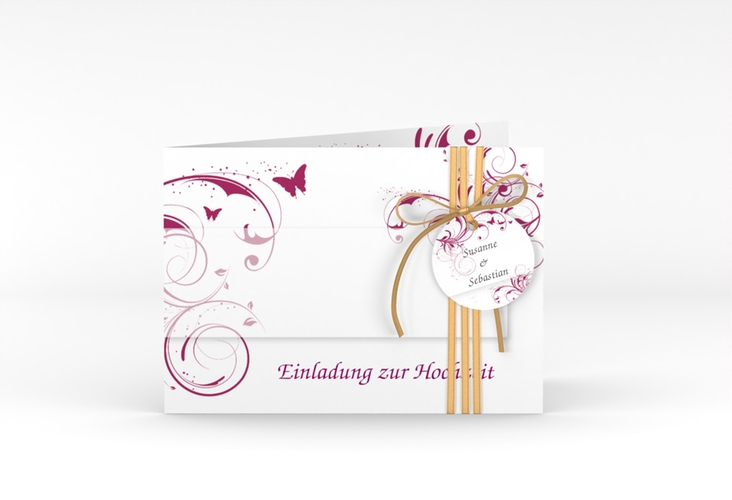 Hochzeitseinladung Palma A6 Klappkarte quer pink hochglanz