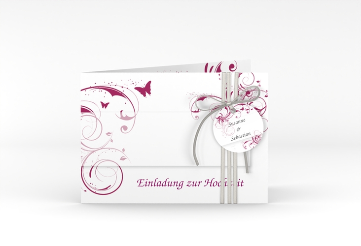 Hochzeitseinladung Palma A6 Klappkarte quer pink hochglanz