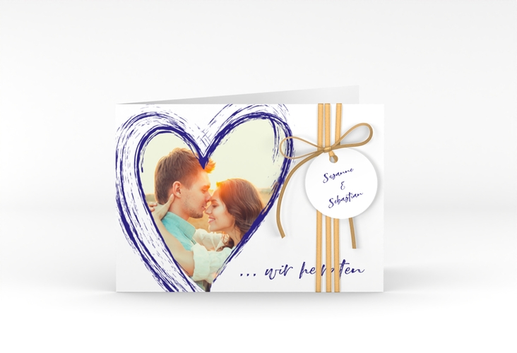 Hochzeitseinladung Liebe A6 Klappkarte quer blau hochglanz
