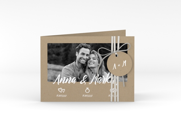 Hochzeitseinladung Icons A6 Klappkarte quer in Kraftpapier-Optik mit Foto