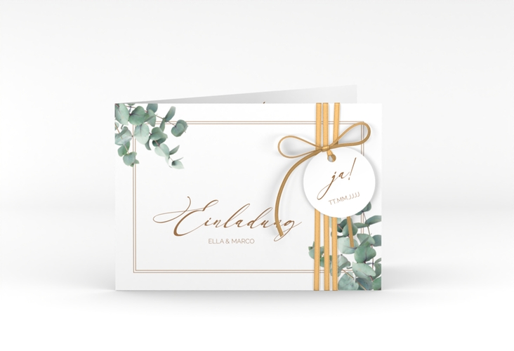 Hochzeitseinladung Eucalypt A6 Klappkarte quer hochglanz mit Eukalyptus und edlem Rahmen