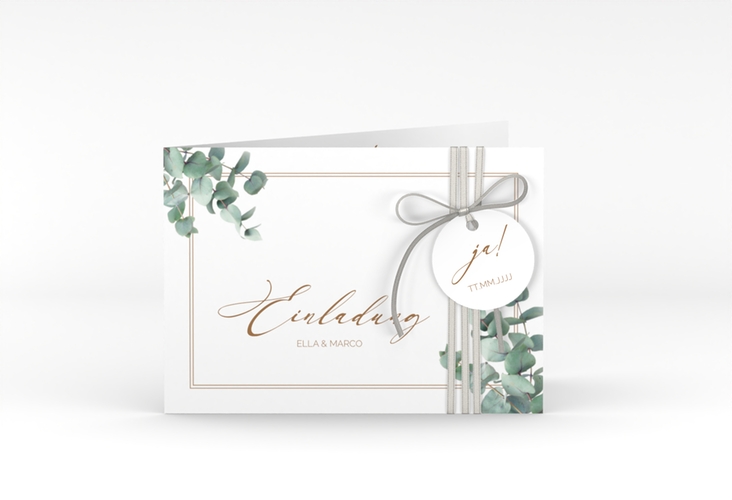 Hochzeitseinladung Eucalypt A6 Klappkarte quer hochglanz mit Eukalyptus und edlem Rahmen