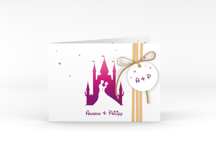 Hochzeitseinladung Castle A6 Klappkarte quer pink hochglanz
