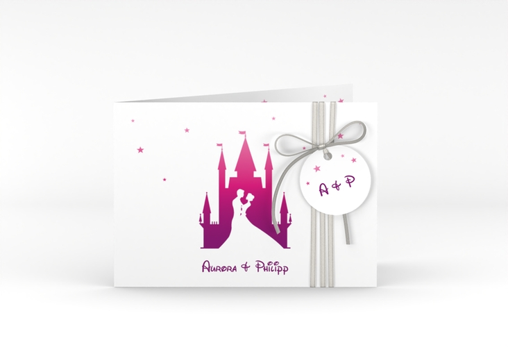 Hochzeitseinladung Castle A6 Klappkarte quer pink hochglanz