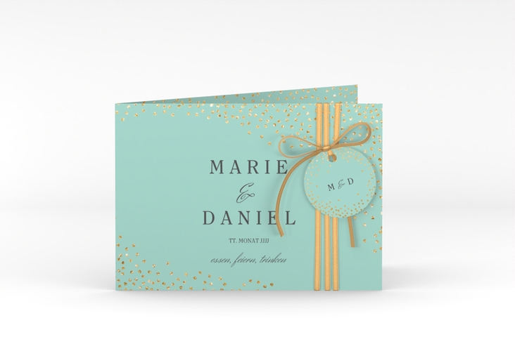 Hochzeitseinladung Glitter A6 Klappkarte quer mint hochglanz