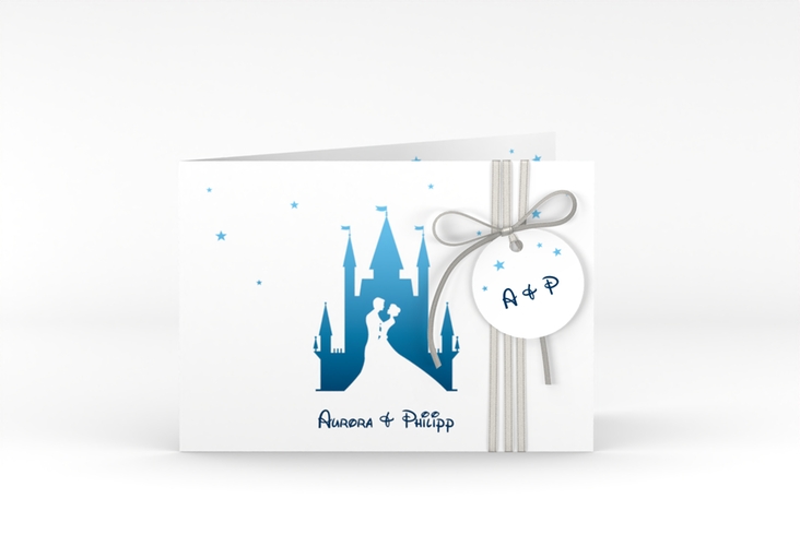 Hochzeitseinladung Castle A6 Klappkarte quer blau