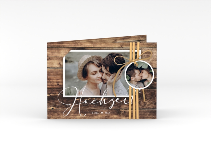 Hochzeitseinladung Rustic A6 Klappkarte quer hochglanz in Holz-Optik mit Foto