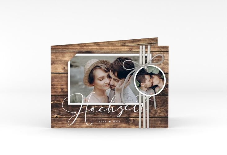 Hochzeitseinladung Rustic A6 Klappkarte quer hochglanz in Holz-Optik mit Foto
