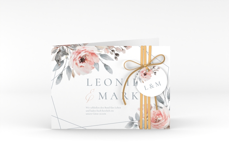 Hochzeitseinladung Perfection A6 Klappkarte quer weiss mit rosa Rosen