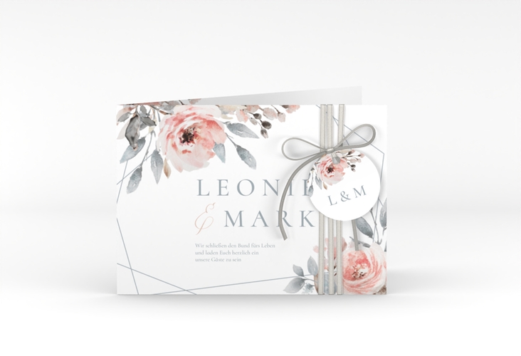 Hochzeitseinladung Perfection A6 Klappkarte quer weiss mit rosa Rosen