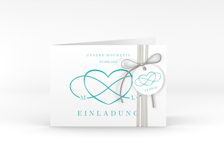 Hochzeitseinladung Infinity A6 Klappkarte quer tuerkis hochglanz