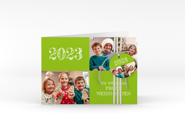 Weihnachtskarte Besinnlichkeit A6 Klappkarte quer gruen hochglanz zum Personalisieren mit Jahreszahl