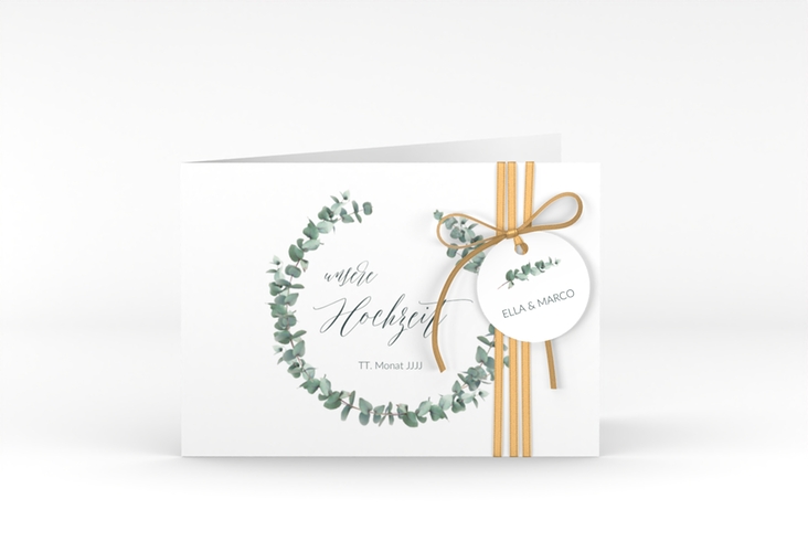 Hochzeitseinladung Silverleaf A6 Klappkarte quer weiss mit Eukalyptus-Zweig