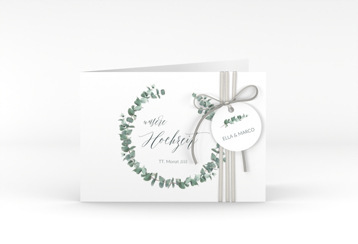 Hochzeitseinladung Silverleaf A6 Klappkarte quer weiss mit Eukalyptus-Zweig