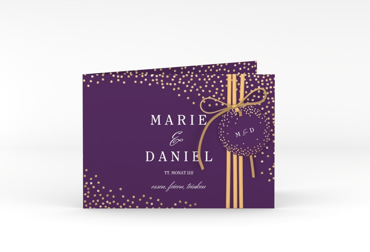 Hochzeitseinladung Glitter A6 Klappkarte quer lila hochglanz