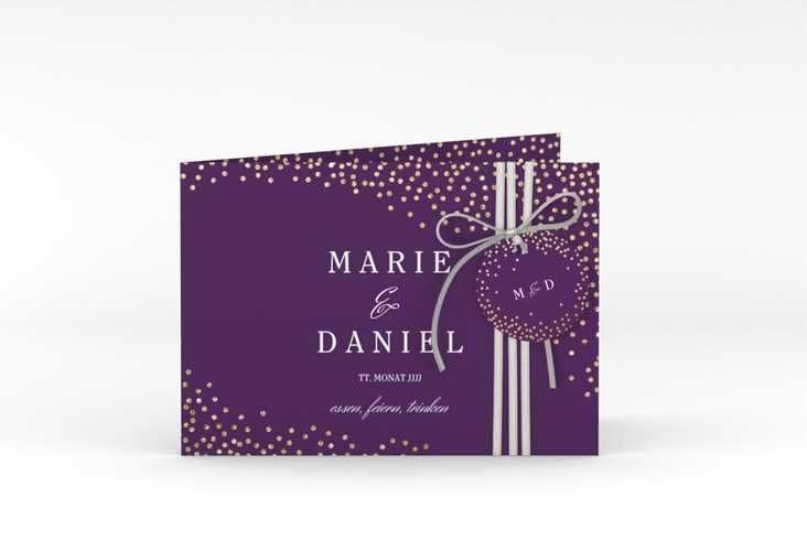 Hochzeitseinladung Glitter A6 Klappkarte quer lila hochglanz