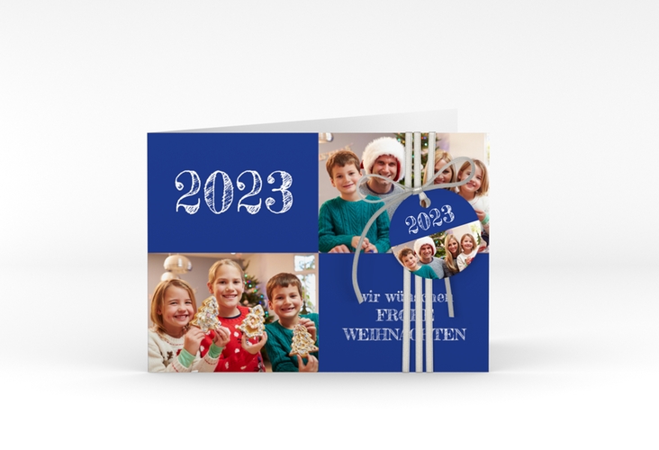 Weihnachtskarte Besinnlichkeit A6 Klappkarte quer blau hochglanz zum Personalisieren mit Jahreszahl