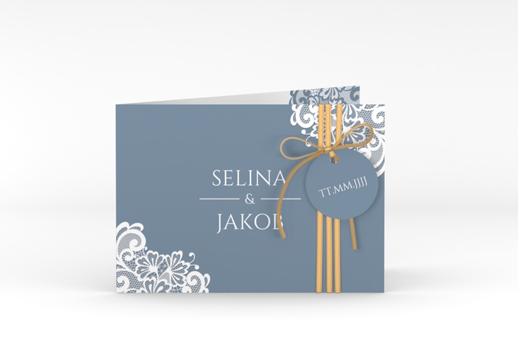 Hochzeitseinladung Vintage A6 Klappkarte quer blau mit floraler Spitze
