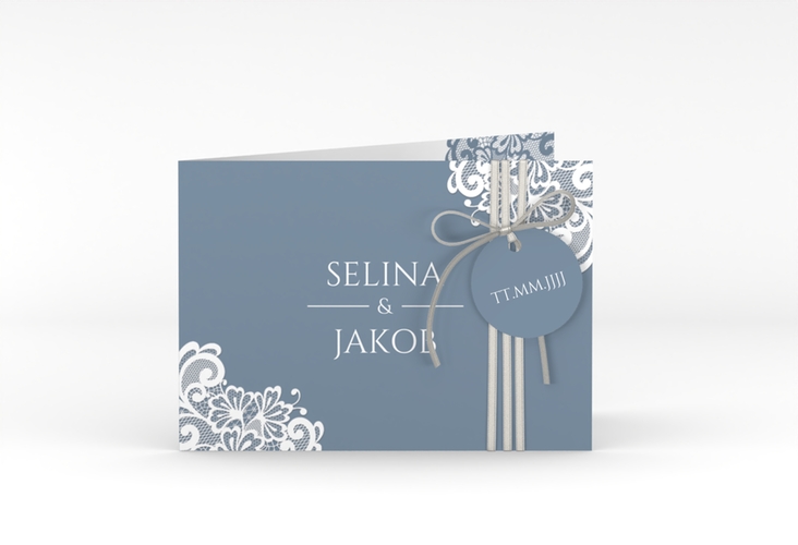 Hochzeitseinladung Vintage A6 Klappkarte quer blau mit floraler Spitze