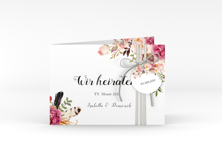 Hochzeitseinladung Flowers A6 Klappkarte quer weiss hochglanz mit bunten Aquarell-Blumen