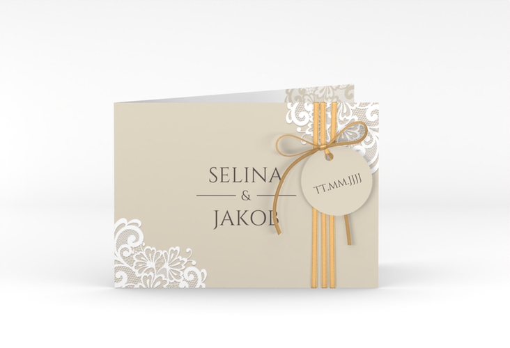 Hochzeitseinladung Vintage A6 Klappkarte quer beige mit floraler Spitze
