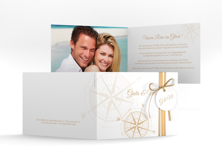 Hochzeitseinladung Windrose A6 Klappkarte quer beige