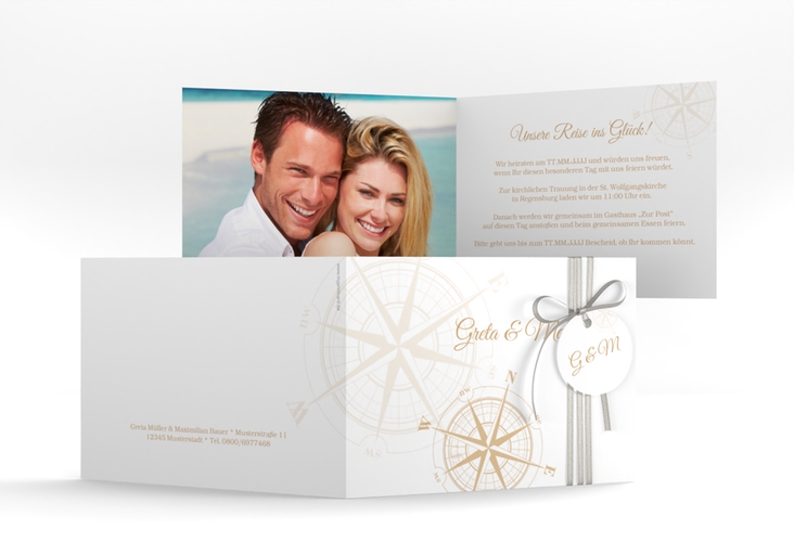 Hochzeitseinladung Windrose A6 Klappkarte quer beige