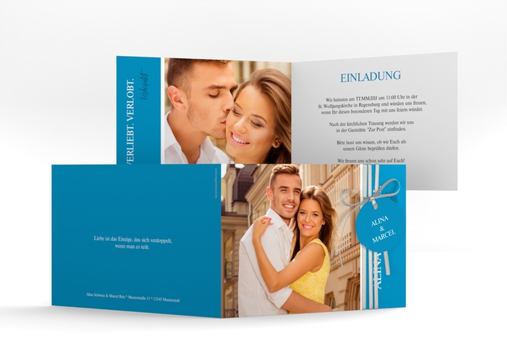 Hochzeitseinladung Classic A6 Klappkarte quer blau